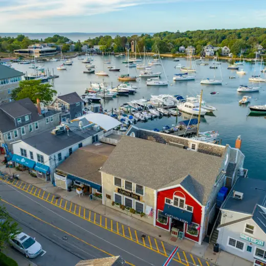 Aerial view of Eel Pond Harbor and the restaurant