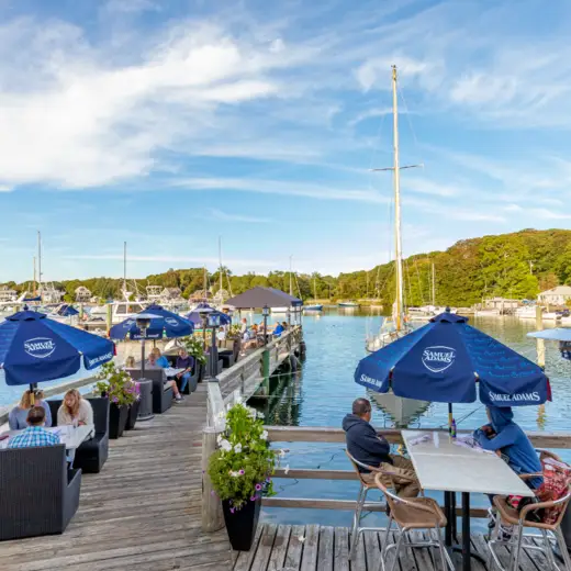 Pier seating with umbrellas over the water