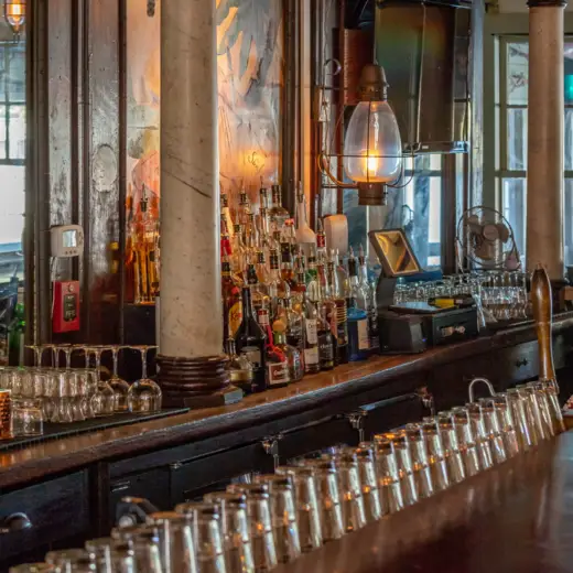 Back bar lined with glassware