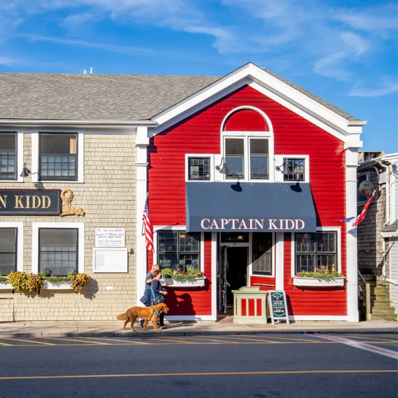 The red Captain Kidd building on Water Street